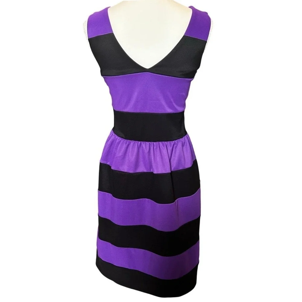 Purple Black Striped Fit & Flare Midi Dress Women's Medium Sleeveless Retro - Picture 8 of 8